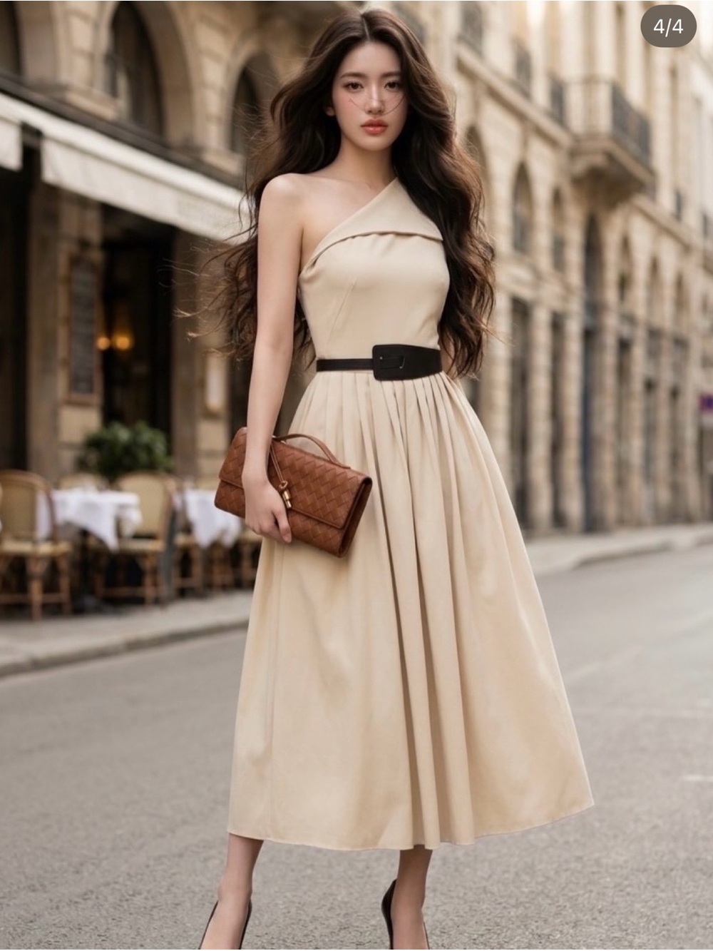 Elegant One-Shoulder Beige Midi Dress